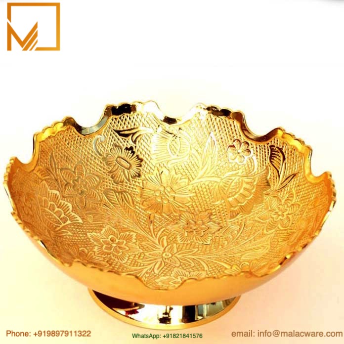 Golden Brass Bowl with Leaf Pattern- Elegant 14.5 cm Decorative Gift 1 Golden Brass Bowl with Leaf Pattern