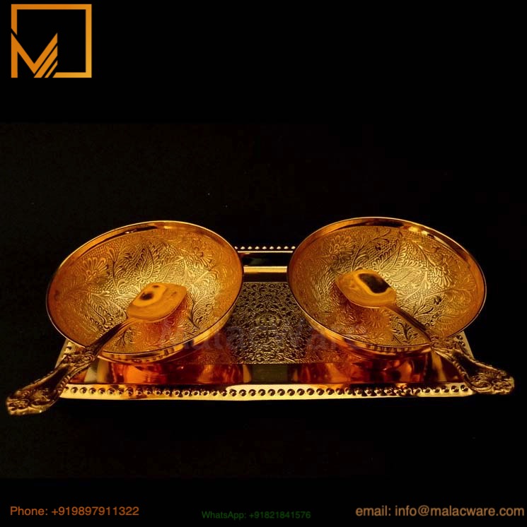 Home 16 Golden Brass Bowl Set with Tray