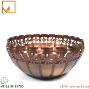 8-Inch Metal Urli Bowl- Floral Cutout Copper