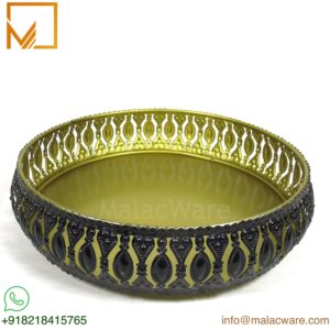 Black & Gold Metal Decorative Pooja Thali | Filigree Round Tray for Events & Gifts