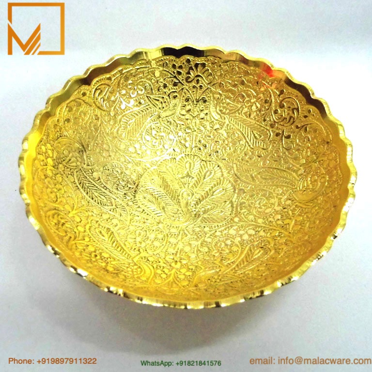 Golden Floral Cut Brass Bowl Set- 2 Pieces Handcrafted Gift 4 Small Golden Intricate Brass Bowl- 12 cm