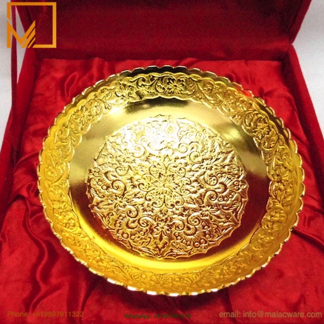 15 cm Decorative Wedding Gift-Golden Handmade Engraved Brass Tray 2 15 cm Decorative Wedding Gift-Golden Handmade Engraved Brass Tray - Image 2