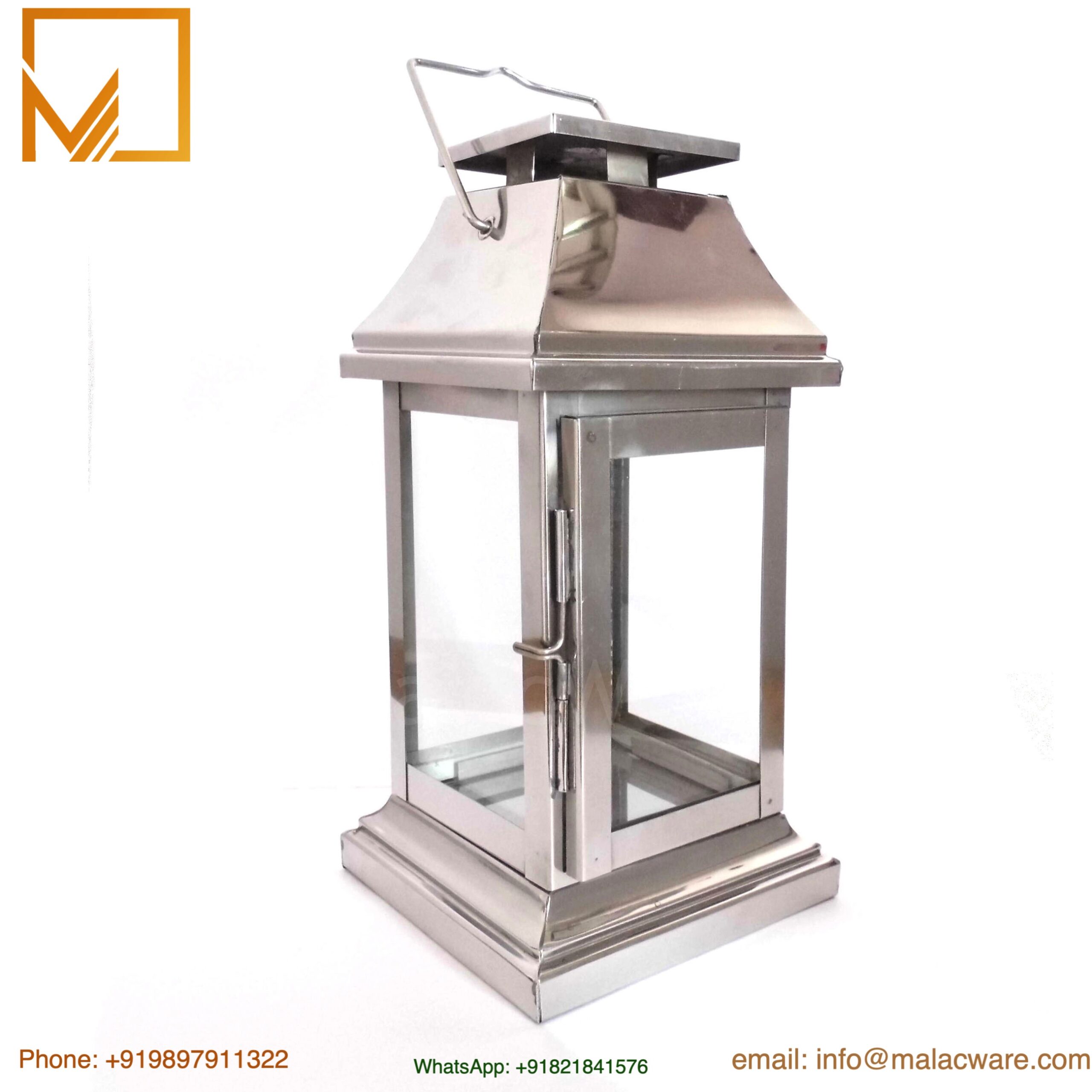 Silver Finish Hanging Stainless Steel Decorative Lantern 1 Silver finish hanging stainless steel lantern with glass panels for decorative lighting