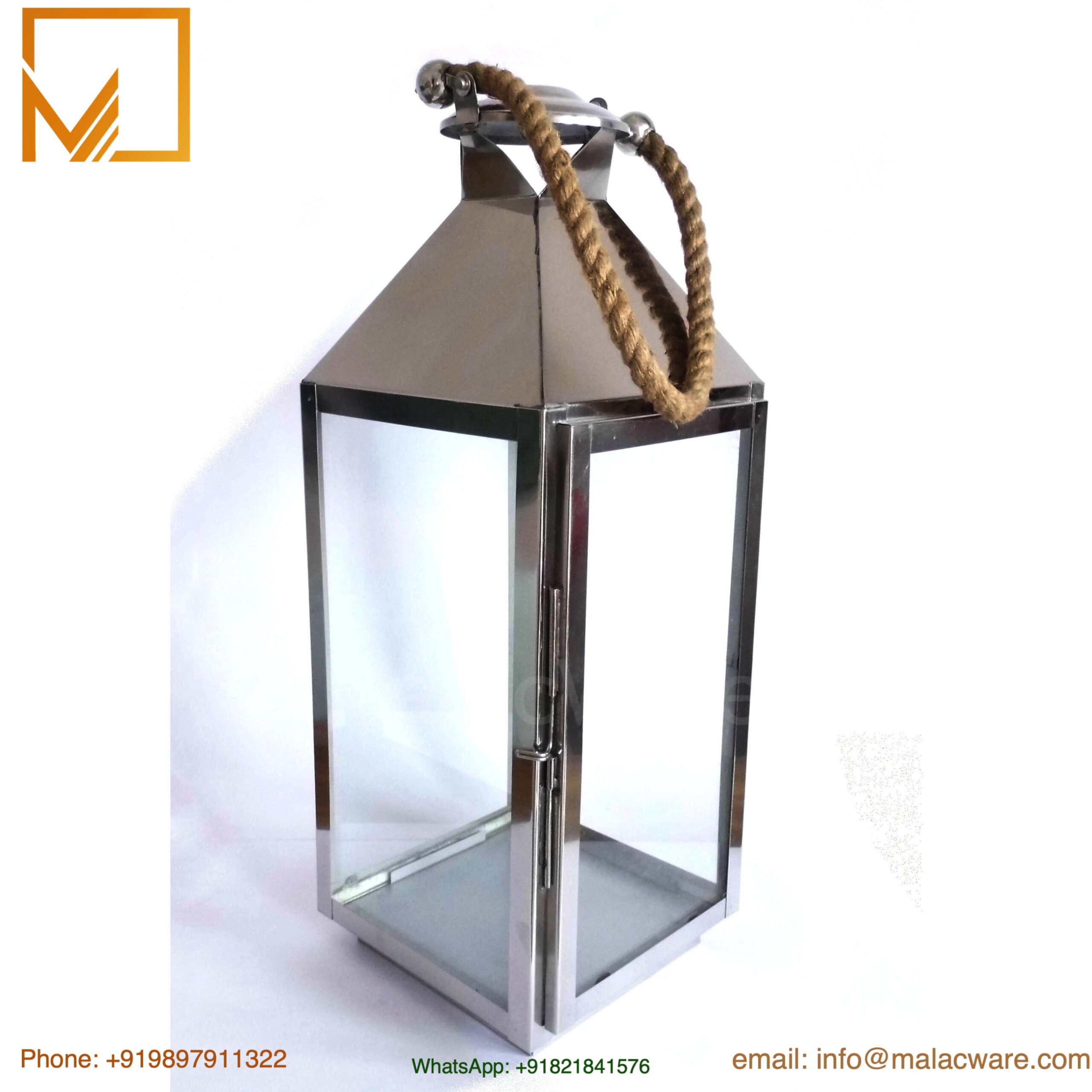 Stainless Steel Lantern with Jute Handle- Silver Finish Large Lantern 3 Stainless Steel Lantern with Jute Handle- Silver Finish Large Lantern - Image 3