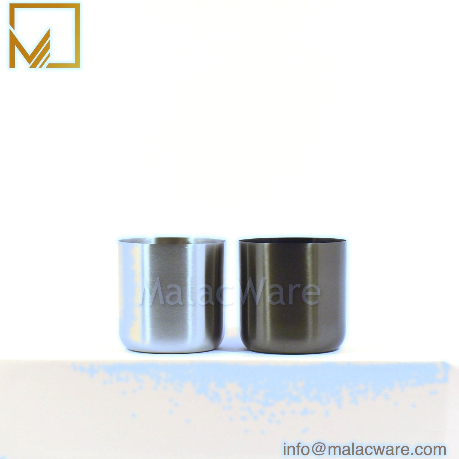 Matte Stainless Steel Candle Jar with Squircle Base for 300 g Wax (10.6 oz) 3 M150042-SV-MT matte silver squircle jar beside a gunmetal jar