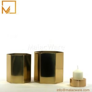 M150112-GD gloss gold hexagonal candle jar for 400 g wax, 9.6 x 10.6 cm